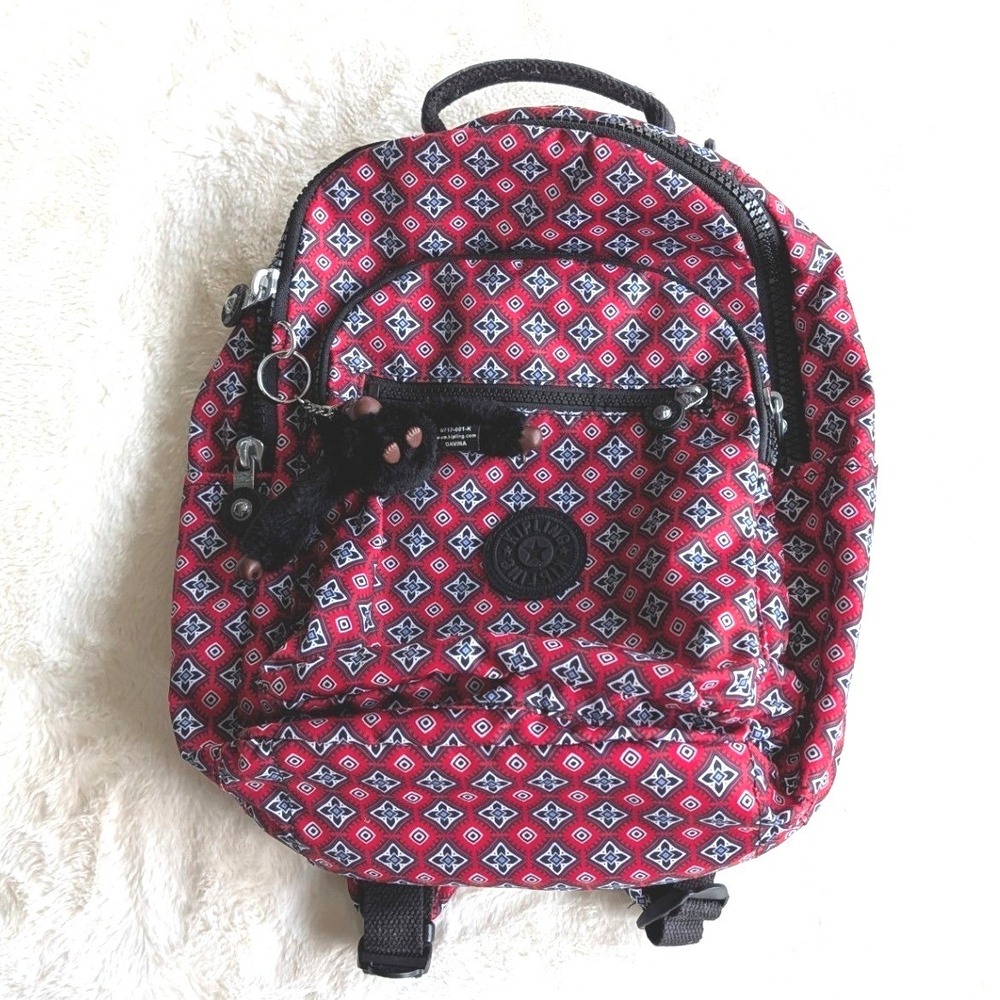 Kipling Davina Small Backpack Red Geometric Diamond Print Fuzzy Monkey Keychain